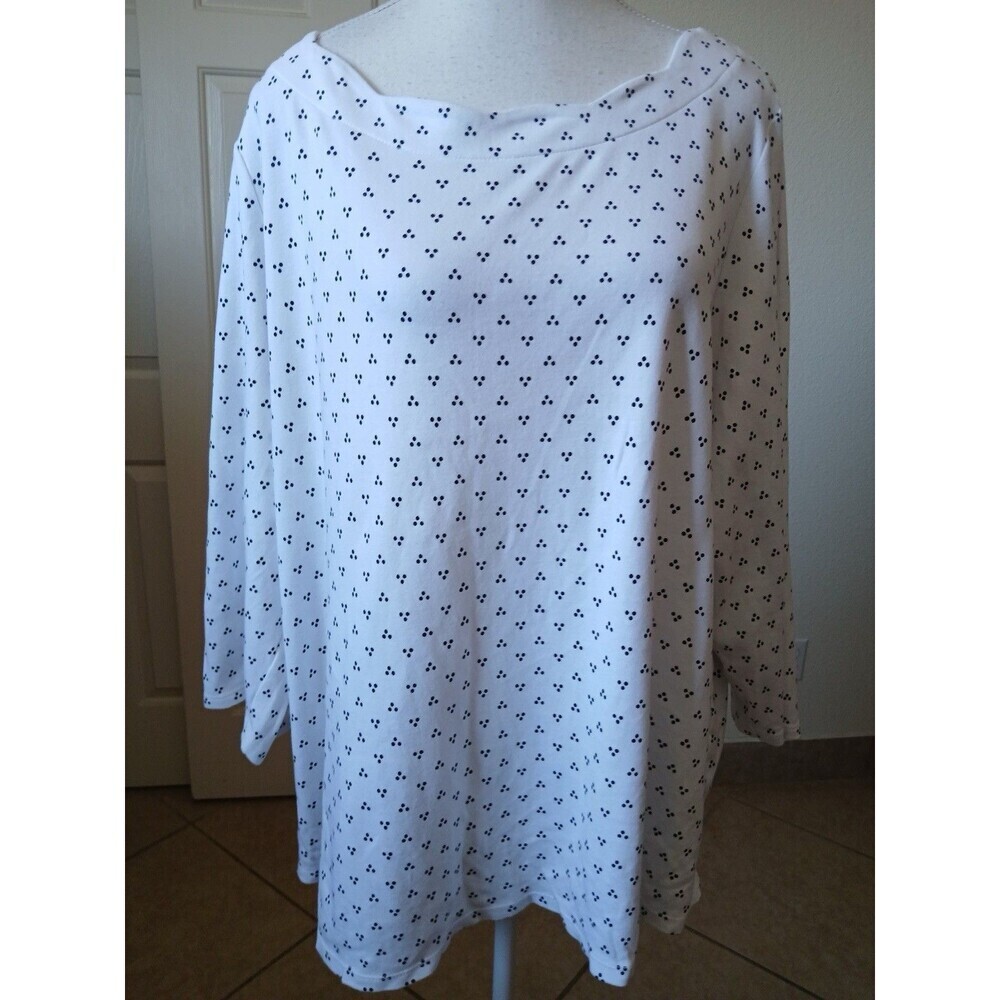 Croft &‎ Barrow Woman's 2X White Black Top 3/4 Sleeve 100% Cotton Casual Comfort